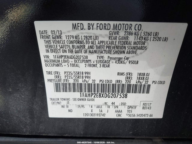Продаж на аукціоні авто 2013 Ford Taurus Sel, vin: 1FAHP2E8XDG207538, номер лоту: 46297548