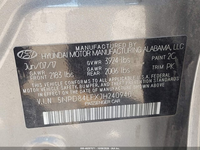 Aukcja sprzedaży 2018 Hyundai Elantra Sel, vin: 5NPD84LFXJH240940, numer aukcji: 46297571