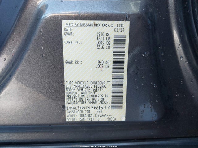 Продажа на аукционе авто 2014 Nissan Altima 2.5 S, vin: 1N4AL3APXEN369537, номер лота: 46297578