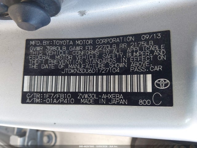 Aukcja sprzedaży 2013 Toyota Prius Two, vin: JTDKN3DU6D1727104, numer aukcji: 46297580