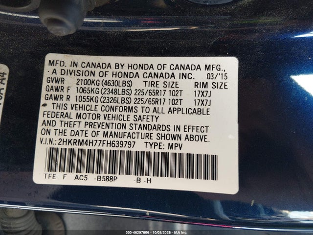 2HKRM4H77FH639797 Honda Cr-v Ex-l