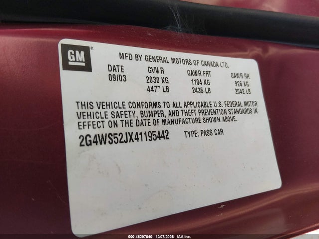 2004 Buick Century მანქანა იყიდება აუქციონზე, vin: 2G4WS52JX41195442, აუქციონის ნომერი: 46297640