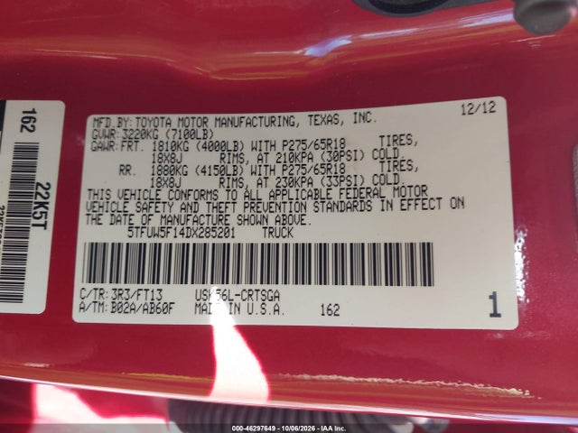 46297649 :رقم المزاد ، 5TFUW5F14DX285201 vin ، 2013 Toyota Tundra Grade 5.7l V8 مزاد بيع