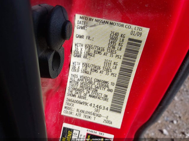 46297657 :رقم المزاد ، 1N6AD06W99C414634 vin ، 2009 Nissan Frontier Pro-4x مزاد بيع