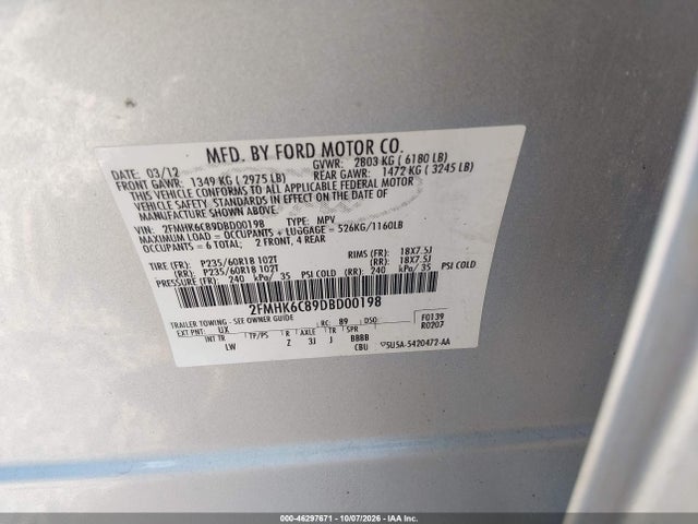2013 Ford Flex Sel მანქანა იყიდება აუქციონზე, vin: 2FMHK6C89DBD00198, აუქციონის ნომერი: 46297671