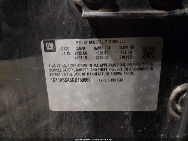 Продаж на аукціоні авто 2016 Chevrolet Malibu Limited 1fl, vin: 1G11A5SA3GU139068, номер лоту: 46297686