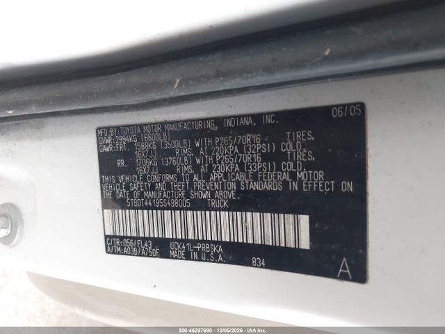 Aukcja sprzedaży 2005 Toyota Tundra Sr5 V8, vin: 5TBDT44195S498005, numer aukcji: 46297690
