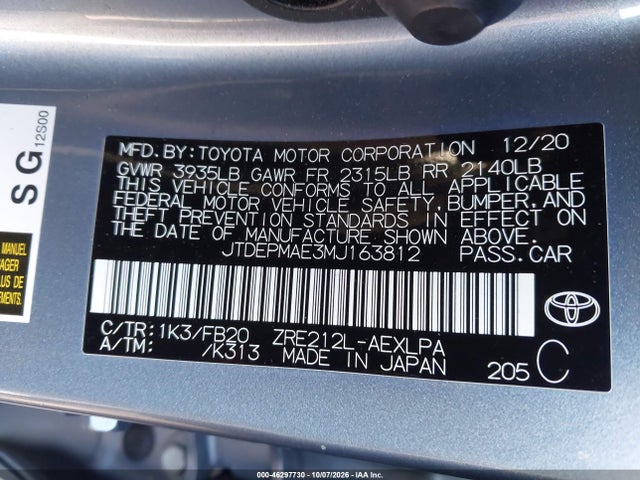 Продаж на аукціоні авто 2021 Toyota Corolla Le, vin: JTDEPMAE3MJ163812, номер лоту: 46297730