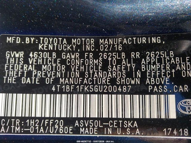 Aukcja sprzedaży 2016 Toyota Camry Se, vin: 4T1BF1FK5GU200487, numer aukcji: 46297732