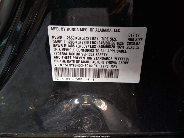 Продажа на аукционе авто 2017 Honda Pilot Elite, vin: 5FNYF6H00HB014101, номер лота: 46297752