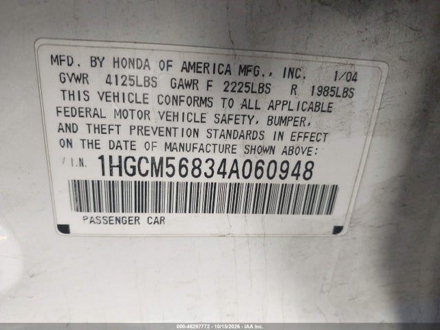 46297772 :رقم المزاد ، 1HGCM56834A060948 vin ، 2004 Honda Accord 2.4 Ex مزاد بيع
