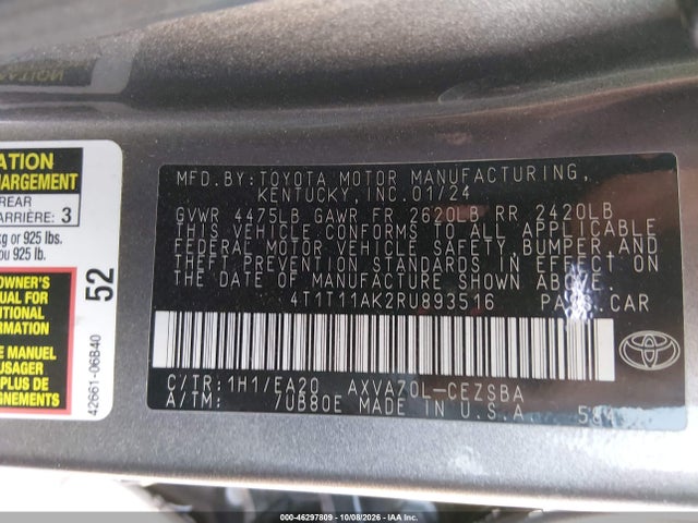 Продажа на аукционе авто 2024 Toyota Camry Se, vin: 4T1T11AK2RU893516, номер лота: 46297809