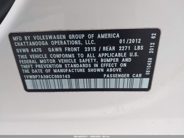 Продажа на аукционе авто 2012 Volkswagen Passat 2.5l Se, vin: 1VWBP7A39CC050143, номер лота: 46297811