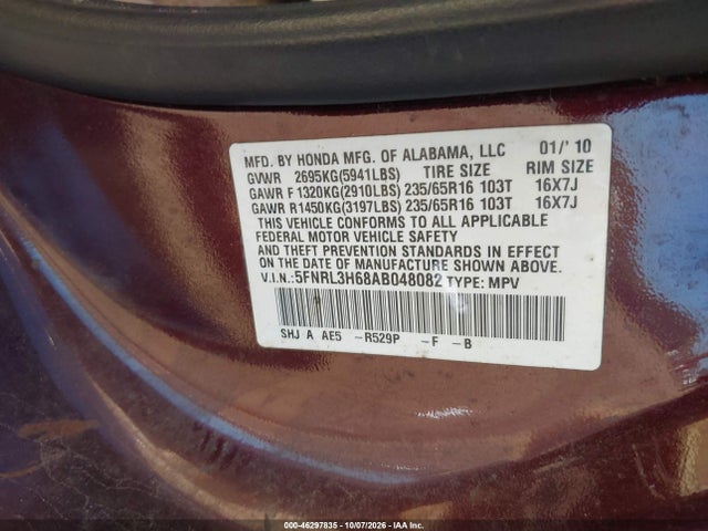 46297835 :رقم المزاد ، 5FNRL3H68AB048082 vin ، 2010 Honda Odyssey Ex-l مزاد بيع