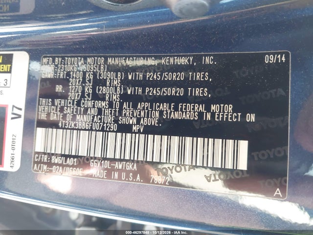 4T3ZK3BB6FU071290 Toyota Venza Xle V6