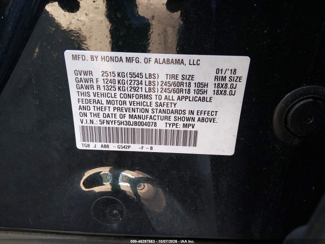 46297863 :رقم المزاد ، 5FNYF5H30JB004078 vin ، 2018 Honda Pilot Ex مزاد بيع