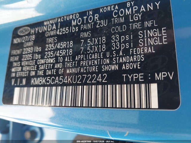2019 Hyundai Kona Ultimate მანქანა იყიდება აუქციონზე, vin: KM8K5CA54KU272242, აუქციონის ნომერი: 46297866