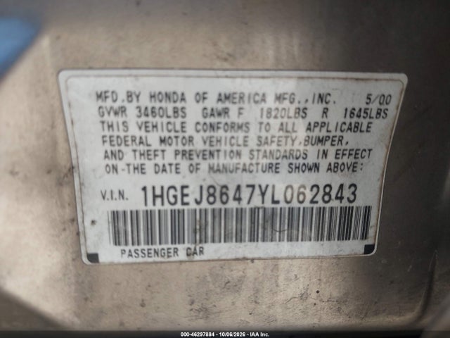 2000 Honda Civic Ex მანქანა იყიდება აუქციონზე, vin: 1HGEJ8647YL062843, აუქციონის ნომერი: 46297884