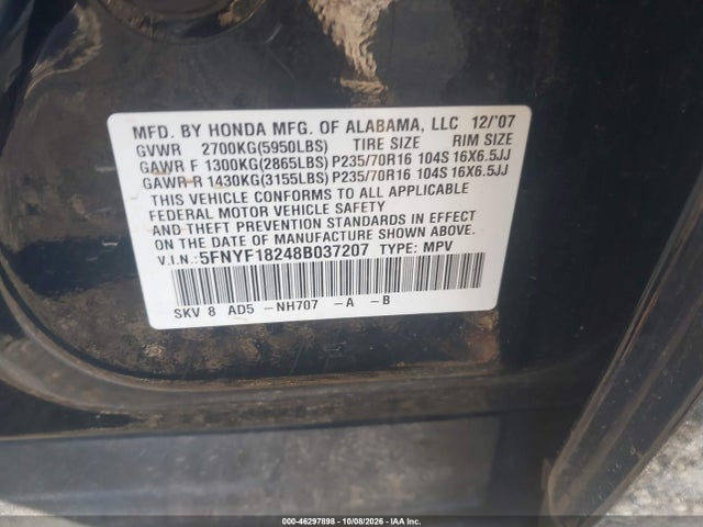 46297898 :رقم المزاد ، 5FNYF18248B037207 vin ، 2008 Honda Pilot Vp مزاد بيع