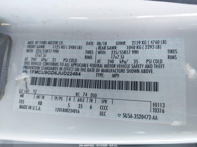 Ford ESCAPE SE 2018 1FMCU9GD6JUD22484 Image 9