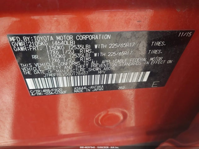 46297945 :رقم المزاد ، JTMBFREV5GD178487 vin ، 2016 Toyota Rav4 Le مزاد بيع