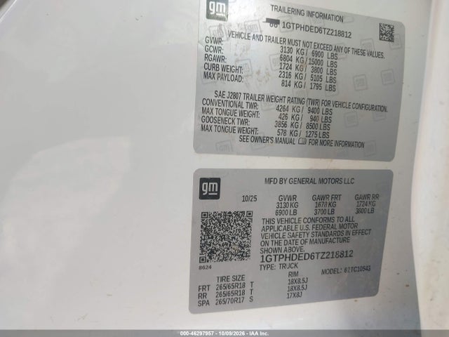 46297957 :رقم المزاد ، 1GTPHDED6TZ218812 vin ، 2026 Gmc Sierra 1500 , Short Bed, Slt, Rwd مزاد بيع