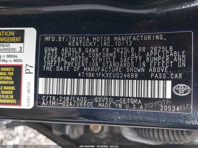 46297998 :رقم المزاد ، 4T1BK1FKXEU024688 vin ، 2014 Toyota Camry Xle V6 مزاد بيع