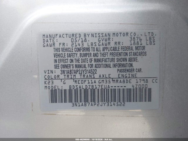 Aukcja sprzedaży 2017 Nissan Sentra Sv, vin: 3N1AB7AP2JY314522, numer aukcji: 46298008