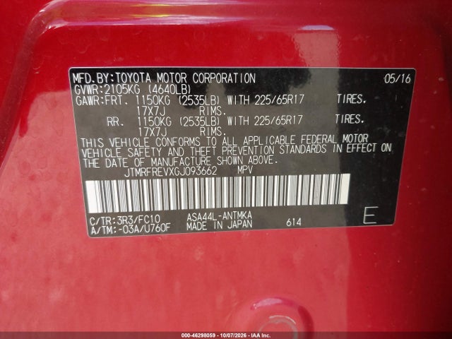 46298059 :رقم المزاد ، JTMRFREVXGJ093662 vin ، 2016 Toyota Rav4 Xle مزاد بيع