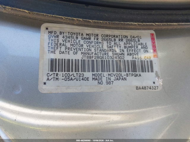 Продажа на аукционе авто 2001 Lexus Es 300, vin: JT8BF28G610324302, номер лота: 46298060
