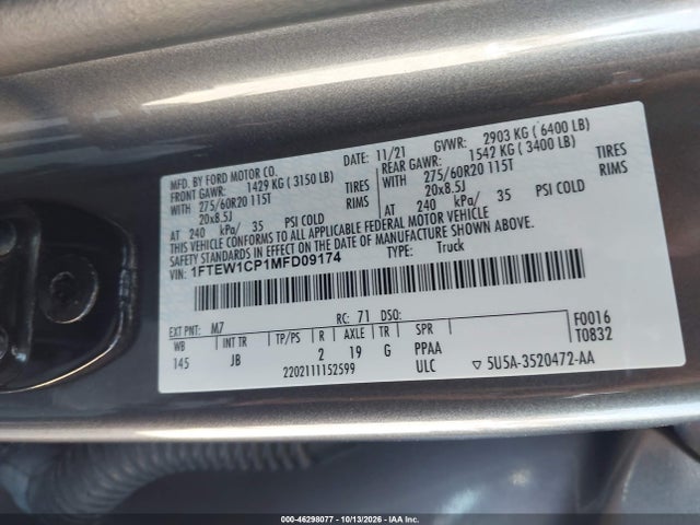 Продаж на аукціоні авто 2021 Ford F-150 Xl, vin: 1FTEW1CP1MFD09174, номер лоту: 46298077