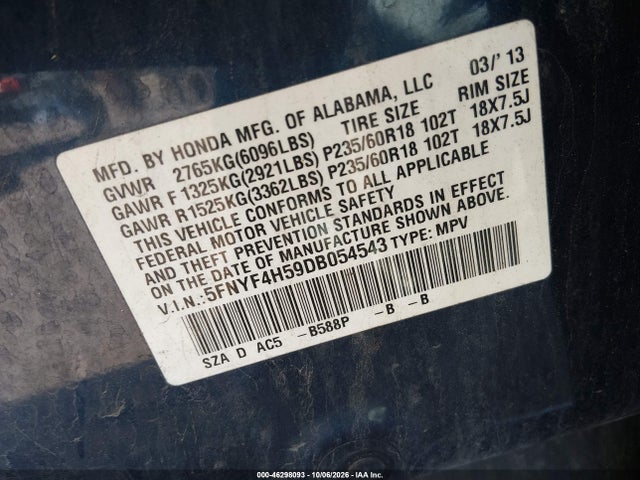 Продажа на аукционе авто 2013 Honda Pilot Ex-l, vin: 5FNYF4H59DB054543, номер лота: 46298093