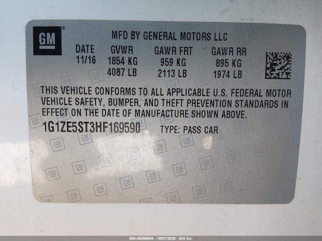 Продажа на аукционе авто 2017 Chevrolet Malibu 1lt, vin: 1G1ZE5ST3HF169590, номер лота: 46298094