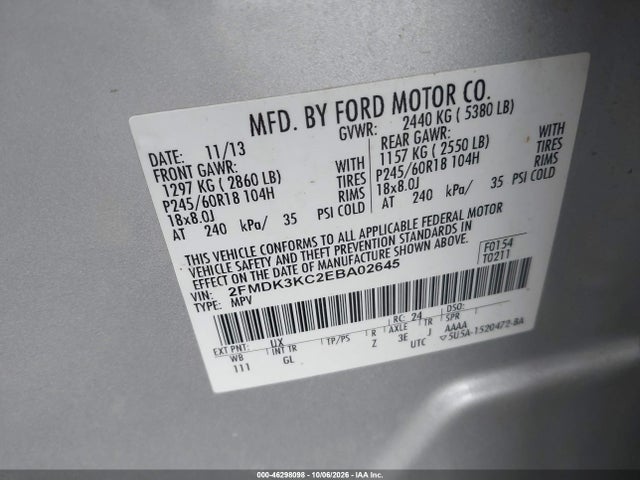 2014 Ford Edge Limited მანქანა იყიდება აუქციონზე, vin: 2FMDK3KC2EBA02645, აუქციონის ნომერი: 46298098