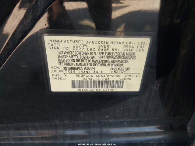 Aukcja sprzedaży 2010 Nissan Sentra 2.0s, vin: 3N1AB6AP8AL638369, numer aukcji: 46298146