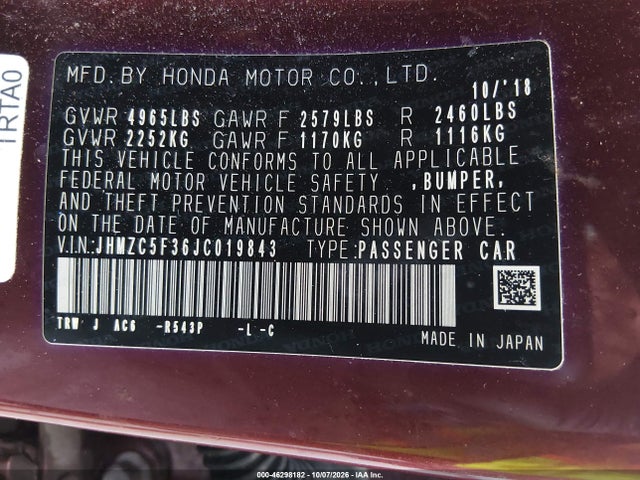 Aukcja sprzedaży 2018 Honda Clarity Plug-in Hybrid Touring, vin: JHMZC5F36JC019843, numer aukcji: 46298182