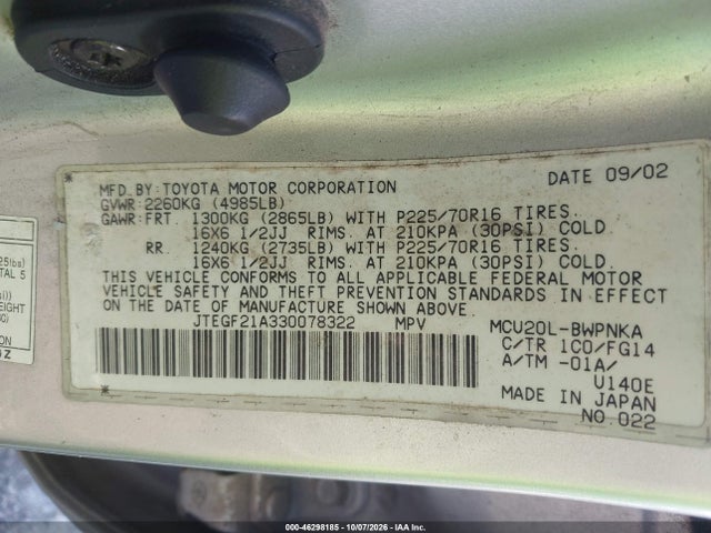 Продаж на аукціоні авто 2003 Toyota Highlander V6, vin: JTEGF21A330078322, номер лоту: 46298185