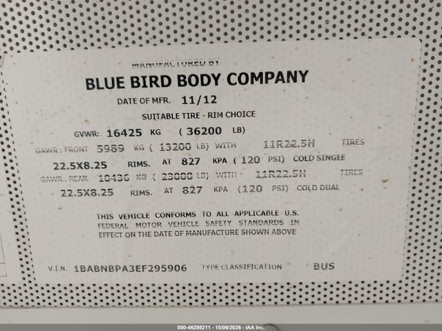 46298211 :رقم المزاد ، 1BABNBPA3EF295906 vin ، 2014 Blue Bird School Bus / Transit Bus مزاد بيع