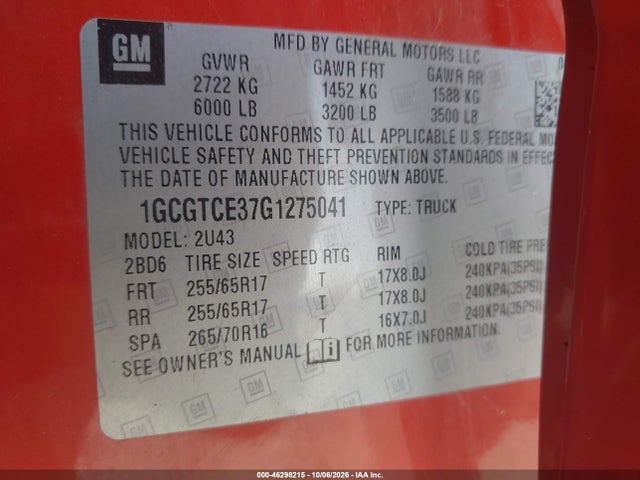2016 Chevrolet Colorado Lt მანქანა იყიდება აუქციონზე, vin: 1GCGTCE37G1275041, აუქციონის ნომერი: 46298215