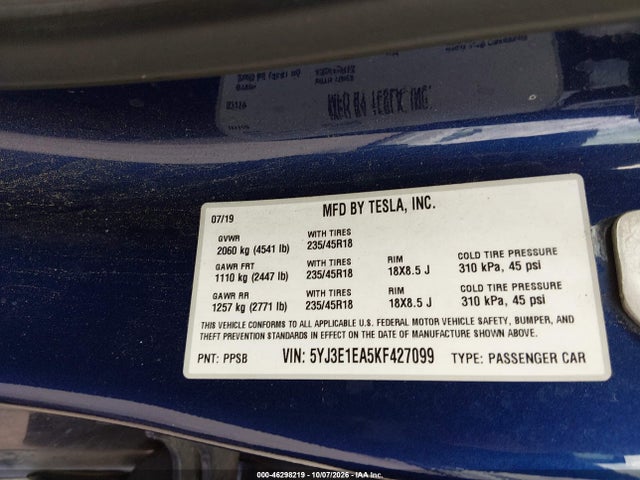 Продаж на аукціоні авто 2019 Tesla Model 3 Long Range/mid Range/standard Range/standard Range Plus, vin: 5YJ3E1EA5KF427099, номер лоту: 46298219