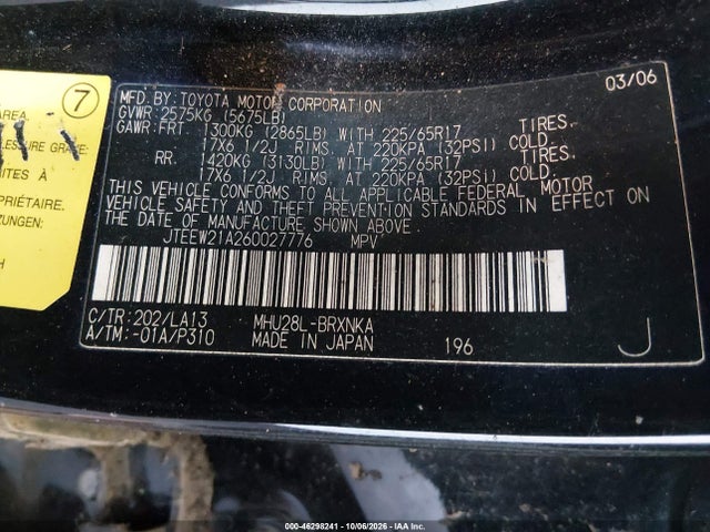 46298241 :رقم المزاد ، JTEEW21A260027776 vin ، 2006 Toyota Highlander Hybrid Limited V6 مزاد بيع