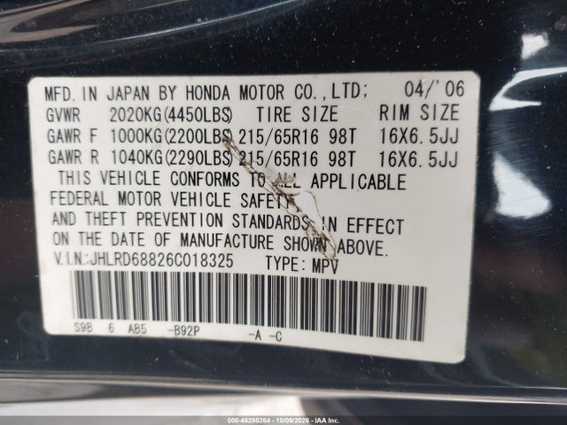 Aukcja sprzedaży 2006 Honda Cr-v Ex, vin: JHLRD68826C018325, numer aukcji: 46298264