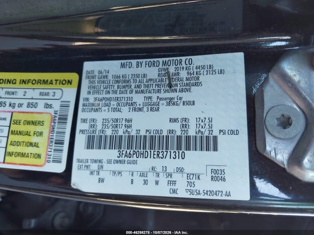 Aukcja sprzedaży 2014 Ford Fusion Se, vin: 3FA6P0HD1ER371310, numer aukcji: 46298278