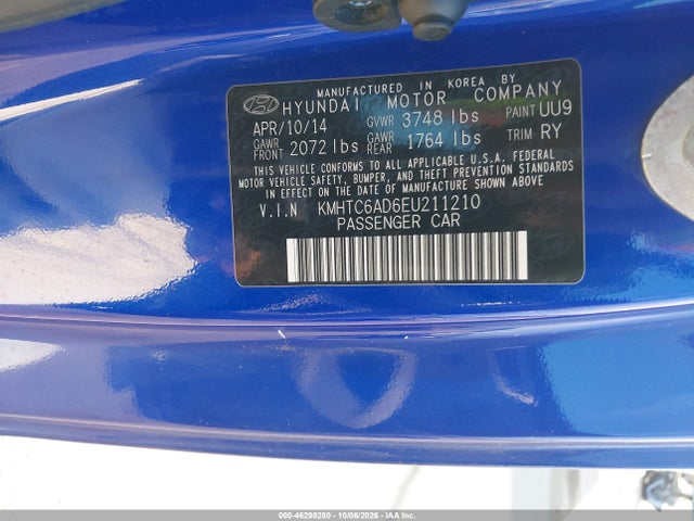 Продажа на аукционе авто 2014 Hyundai Veloster Base W/black, vin: KMHTC6AD6EU211210, номер лота: 46298280