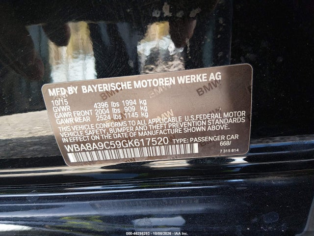 2016 Bmw 320i მანქანა იყიდება აუქციონზე, vin: WBA8A9C59GK617520, აუქციონის ნომერი: 46298293