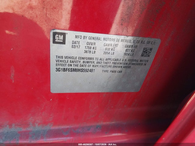 46298307 :رقم المزاد ، 3G1BF6SM8HS592481 vin ، 2017 Chevrolet Cruze Premier Auto مزاد بيع