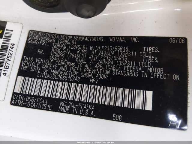 2006 Toyota Sienna Le მანქანა იყიდება აუქციონზე, vin: 5TDZA23C36S510743, აუქციონის ნომერი: 46298351