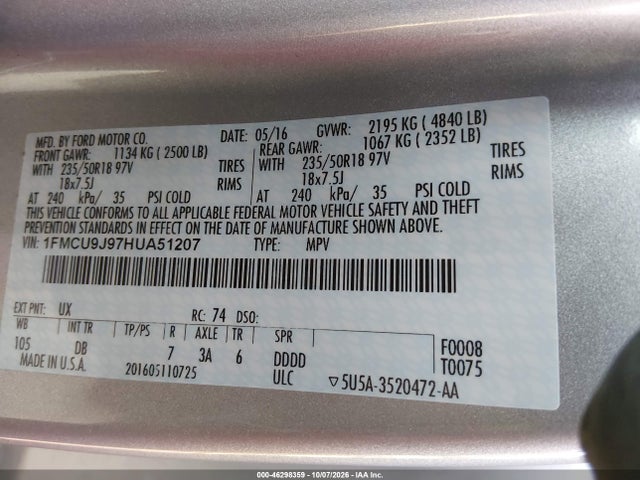 Продажа на аукционе авто 2017 Ford Escape Titanium, vin: 1FMCU9J97HUA51207, номер лота: 46298359