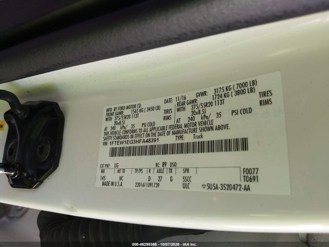 2017 Ford F-150 Lariat მანქანა იყიდება აუქციონზე, vin: 1FTEW1EG3HFA48391, აუქციონის ნომერი: 46298366