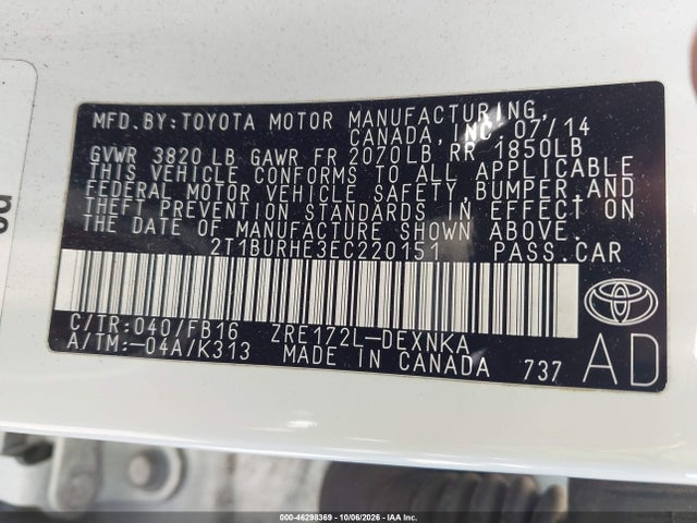 2T1BURHE3EC220151 Toyota COROLLA LE